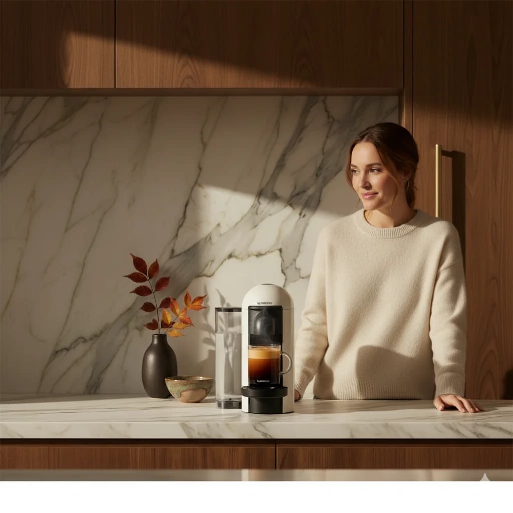 After: AI-transformed promotional coffee machine image